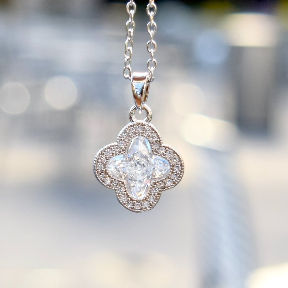 White Clover Crystal Diamond Charm - Stainless Steel Necklace